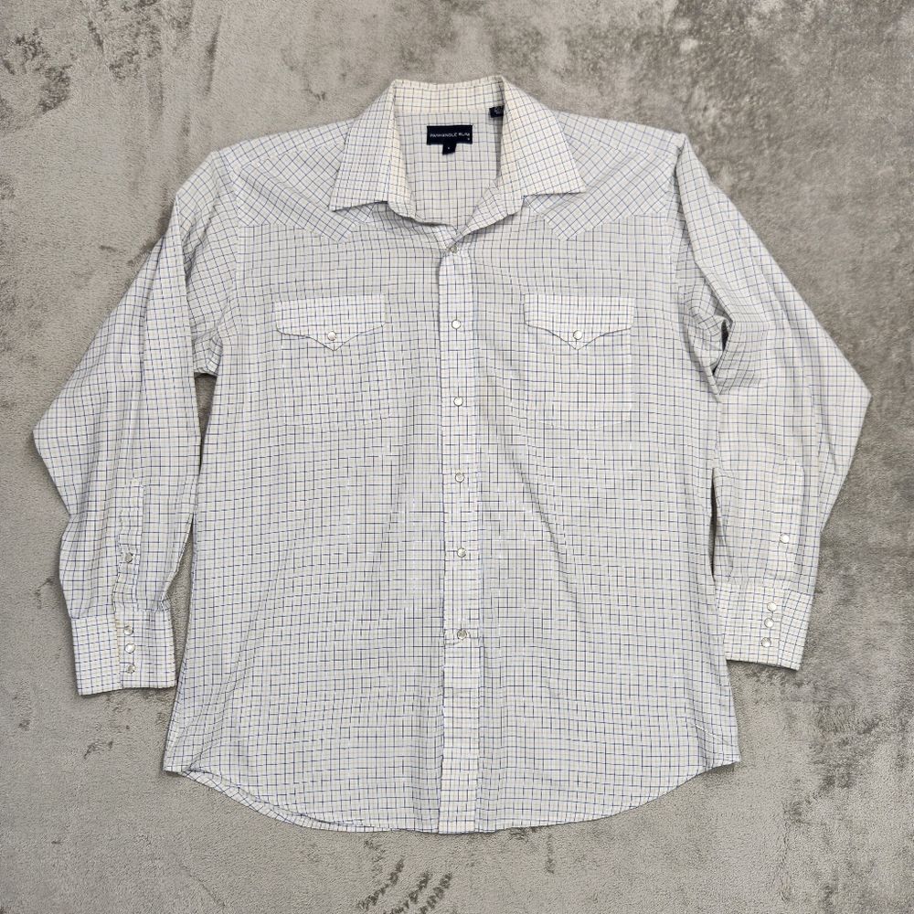 Panhandle Slim Size Large Pearl Snap Western Button Up Shirt. Blue Yellow Plaid
